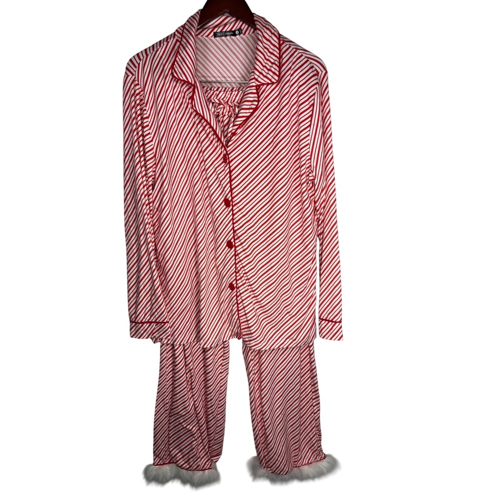 TART Intimates Pajama Set Womens XL Red White Stripe Cozy Faux‎ Fur Trim